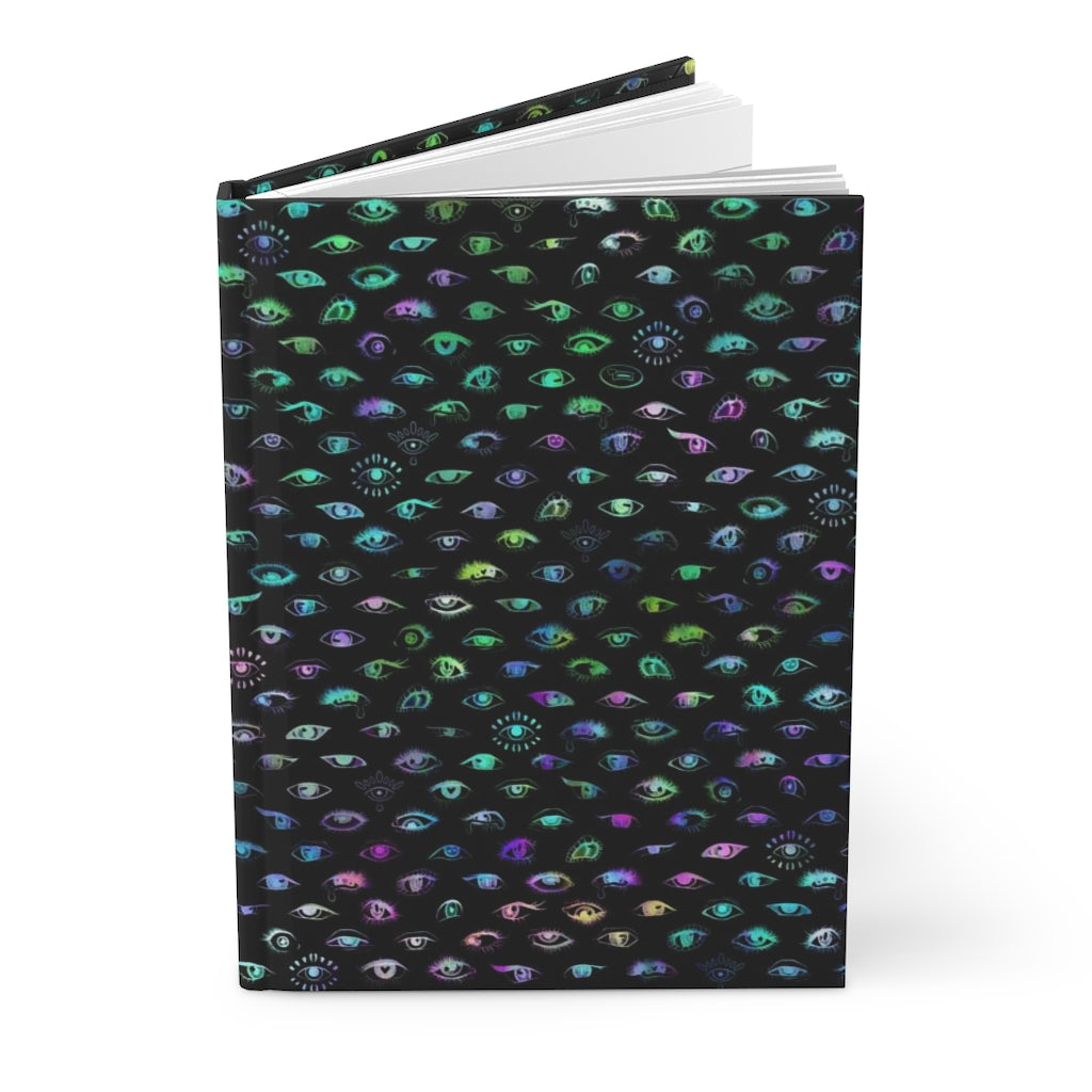 Neon Rainbow Eyes on Black Notebook