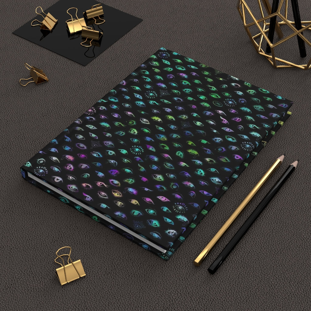 Neon Rainbow Eyes on Black Notebook