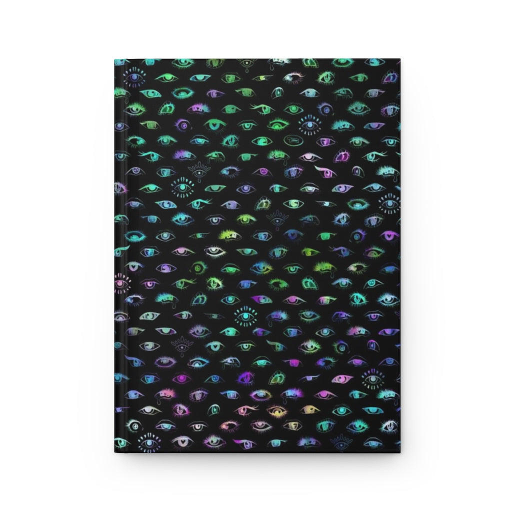 Neon Rainbow Eyes on Black Notebook