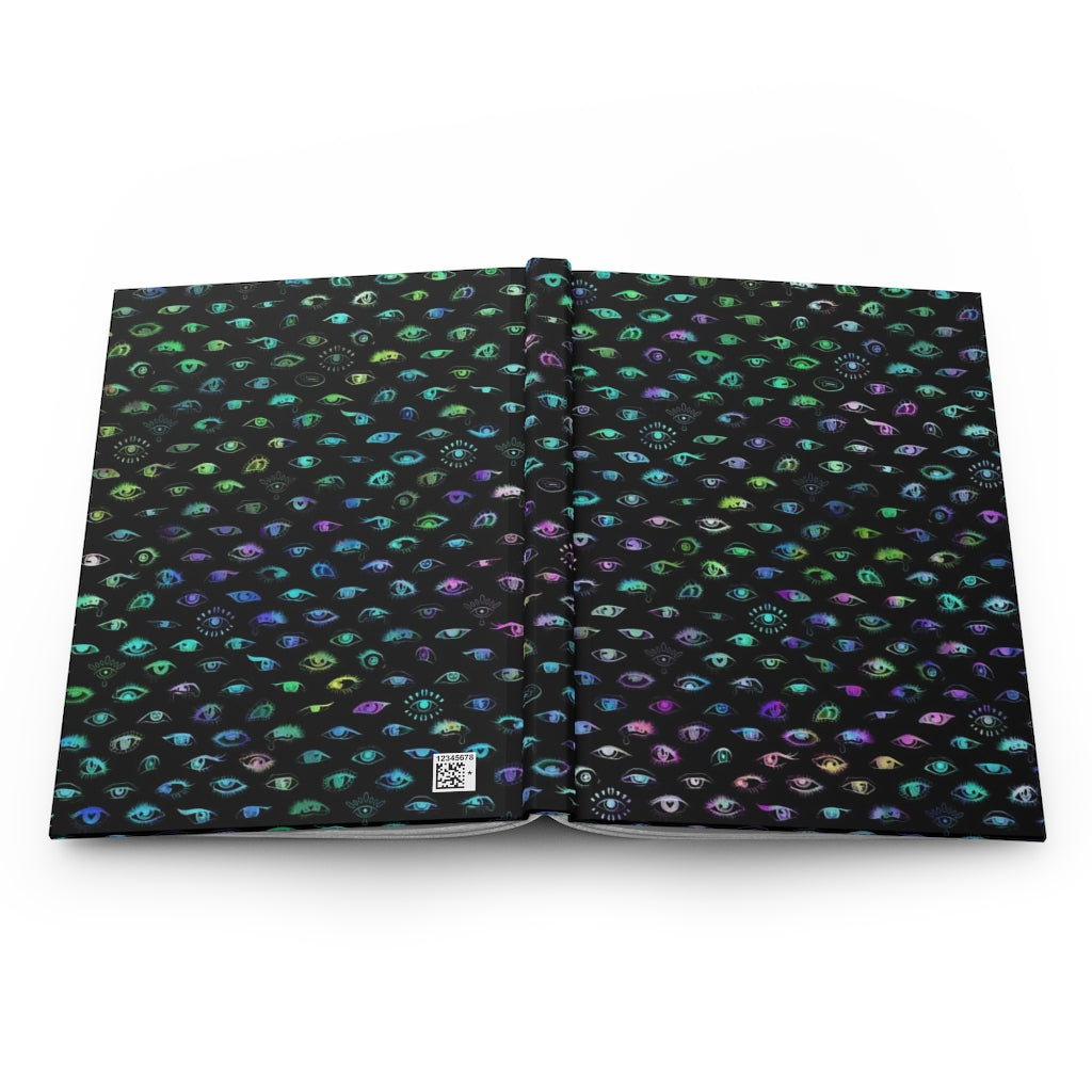 Neon Rainbow Eyes on Black Notebook